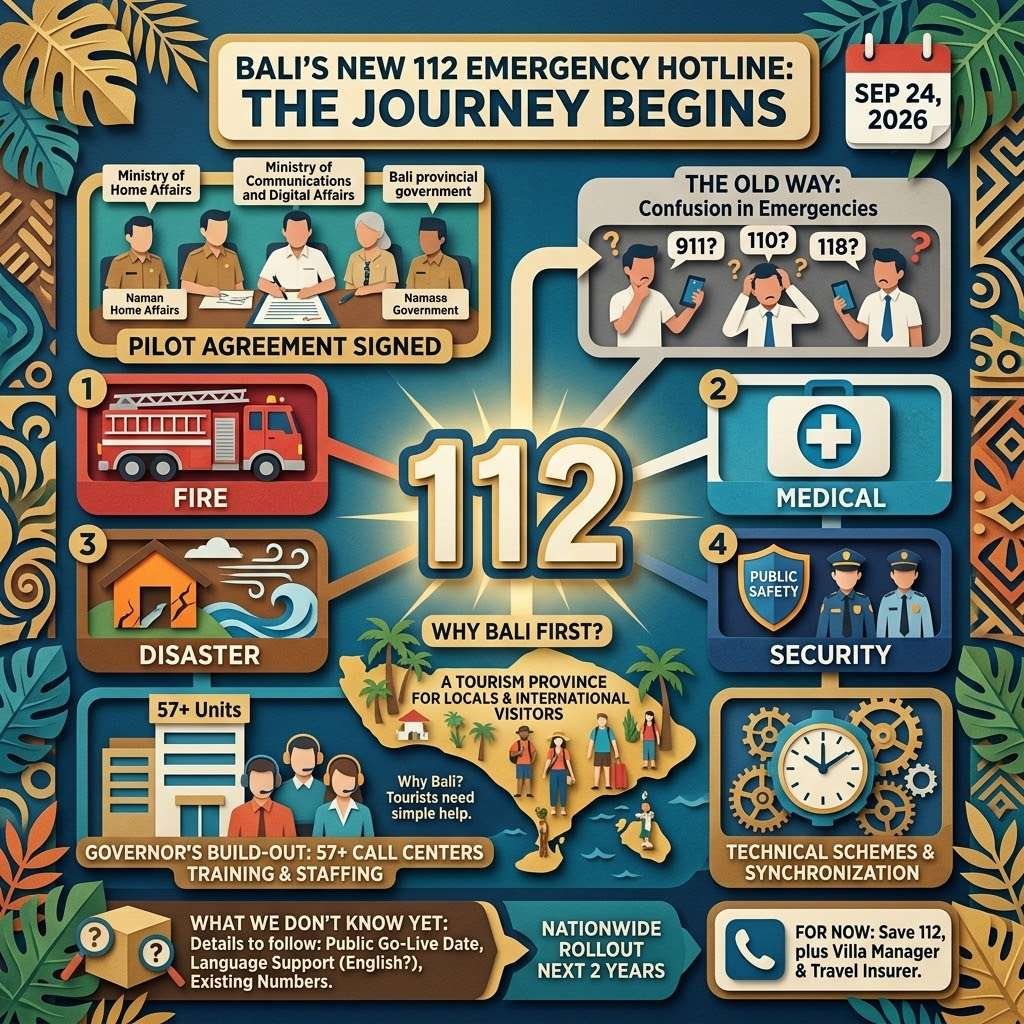 Infographic showing how Bali's new 112 emergency number brings fire, medical, disaster and security services under one hotline