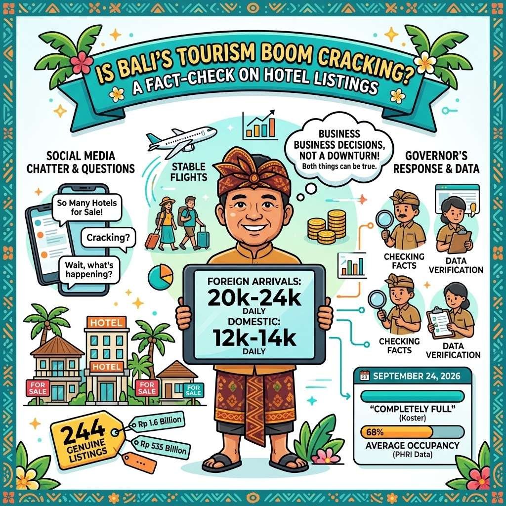 Infographic fact-checking the reports of Bali hotels and villas for sale, with listing numbers and the governor's tourism figures