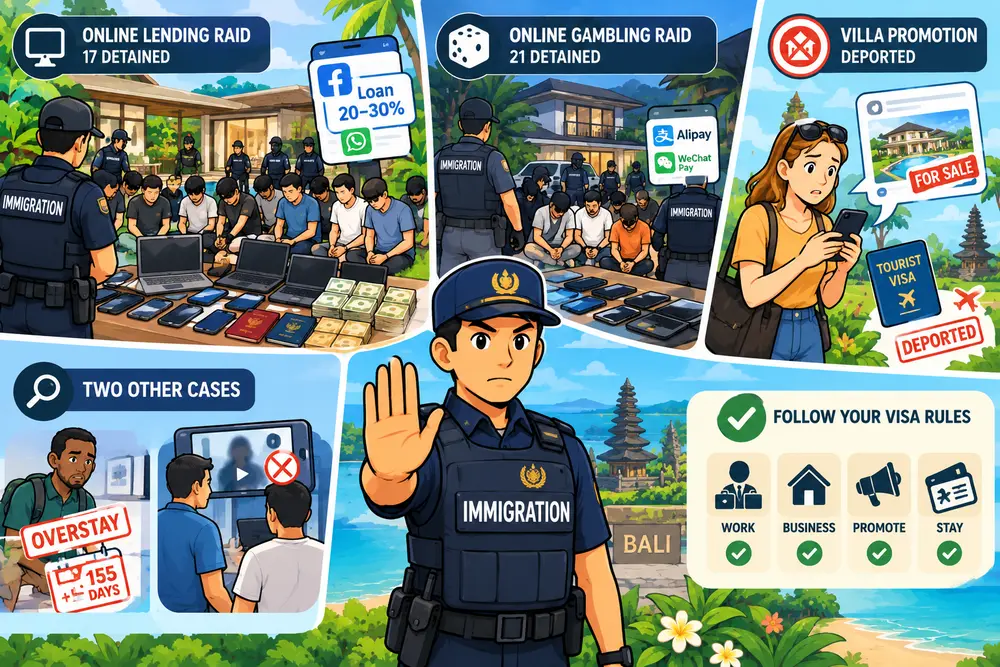 Illustration of a week of Bali immigration enforcement: an online lending raid, an online gambling raid and a deportation for villa promotion