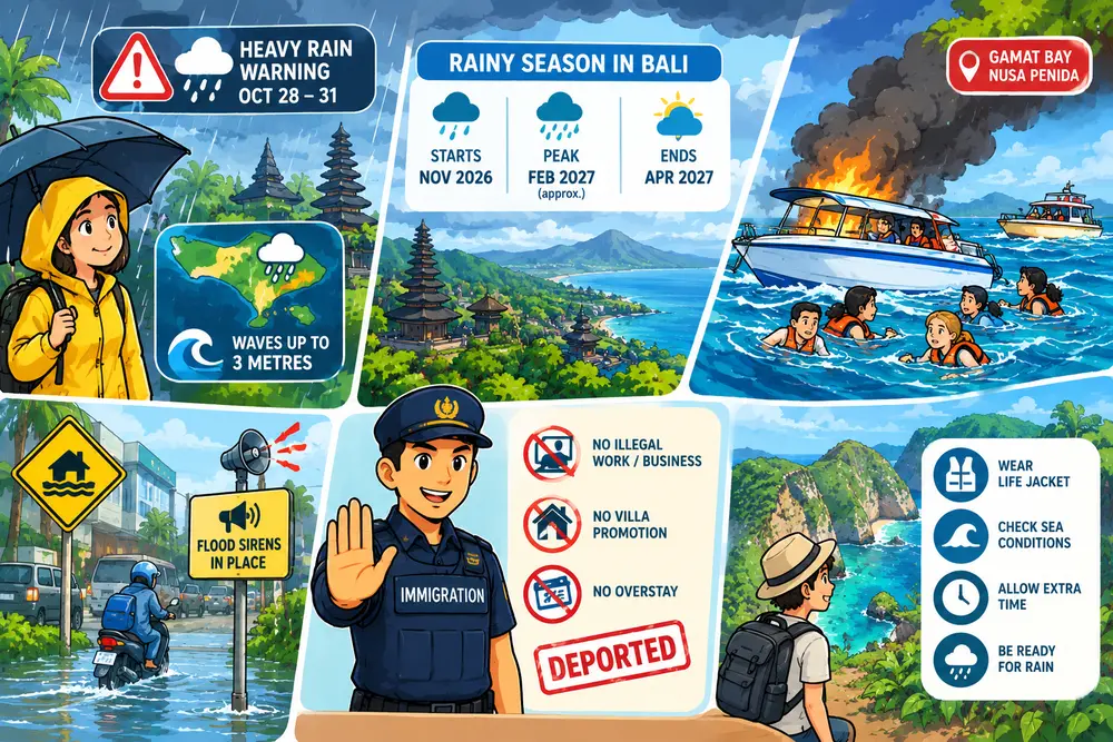 Illustration of Bali's rainy season warnings, with heavy rain, waves up to 3 metres, flood sirens and a snorkelling boat fire at Gamat Bay, Nusa Penida