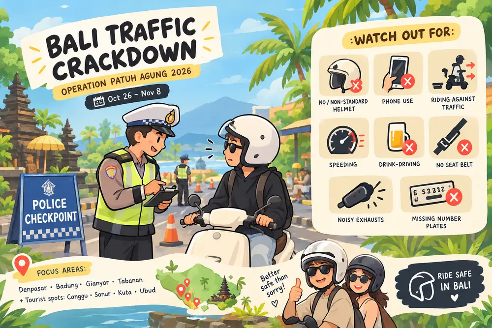 Illustration of Bali's Operation Patuh Agung traffic crackdown from Oct 26 to Nov 8, with a police check and the violations officers are watching for