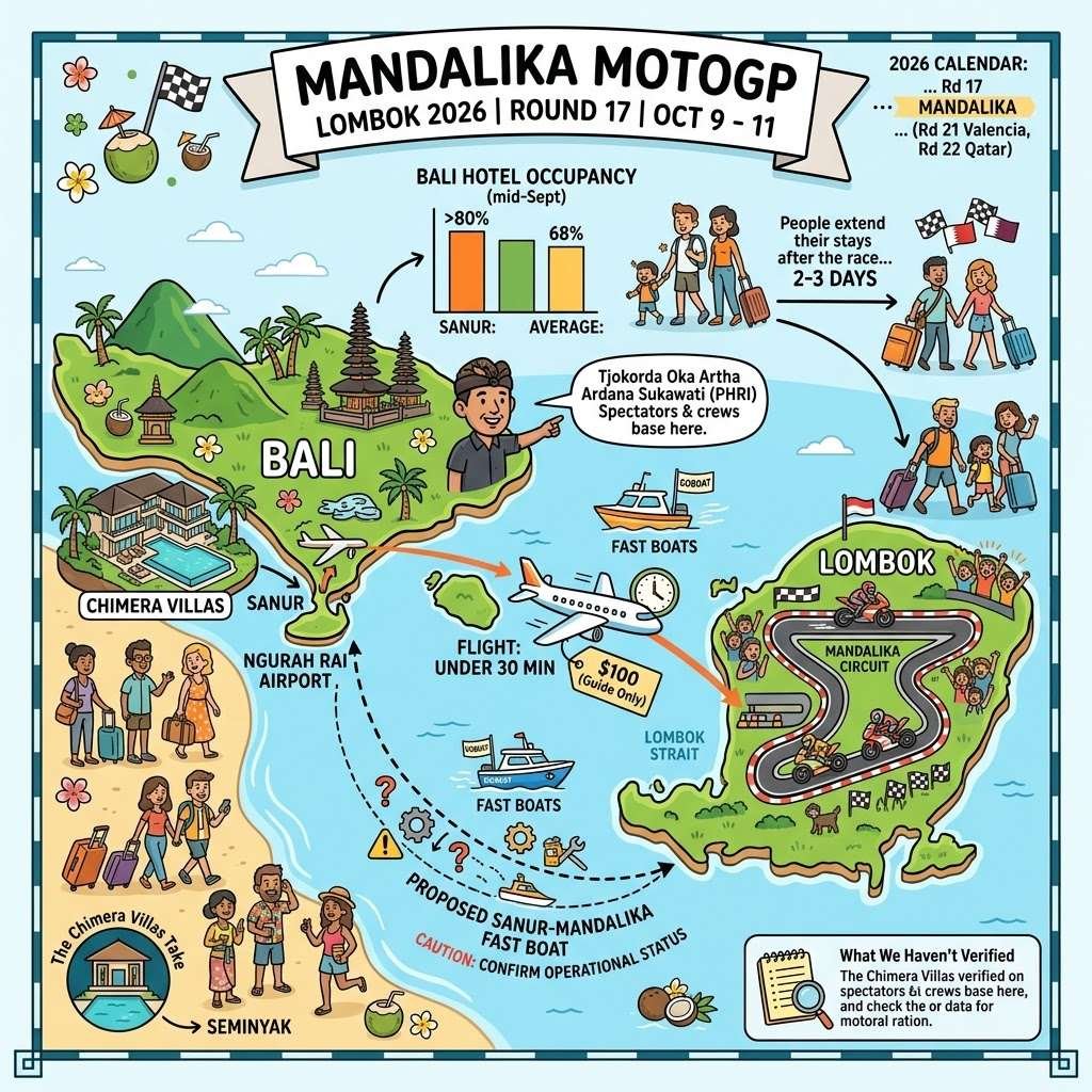 Illustrated map of the MotoGP Lombok 2026 race weekend at Mandalika and how Bali travelers can get there