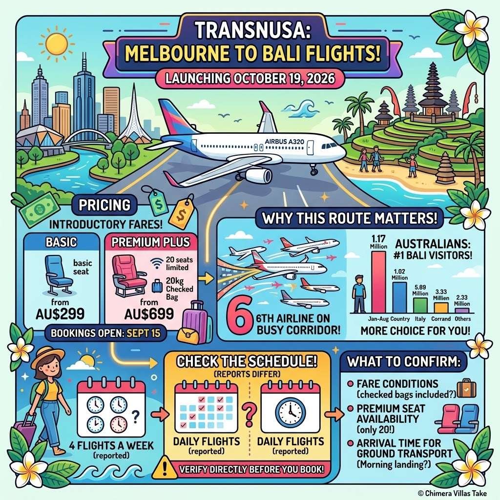 Infographic about TransNusa's new Melbourne to Bali flights starting October 19, 2026, with fares and schedule notes